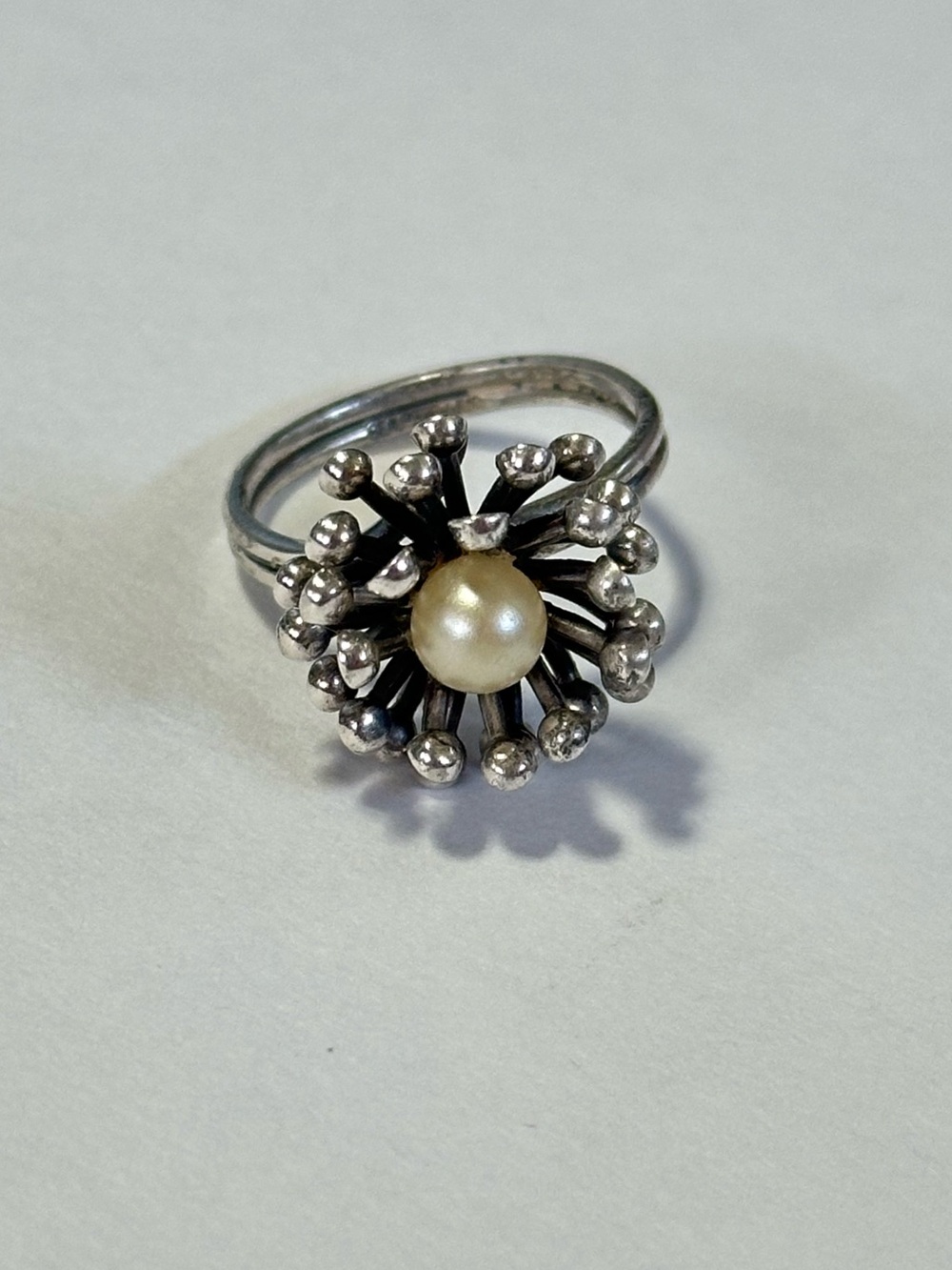 Beau Sterling Silver Adjustable Starburst Brutalist Modernist Flower Pearl Ring